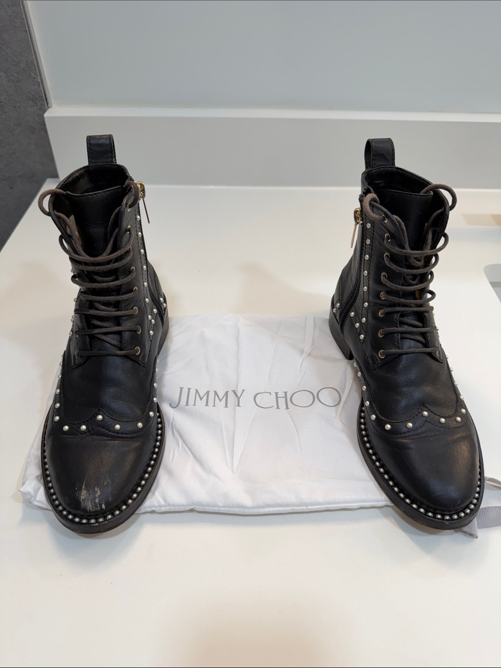 Jimmy Choo Black Leather Stud-Trim Lace-Up Boots